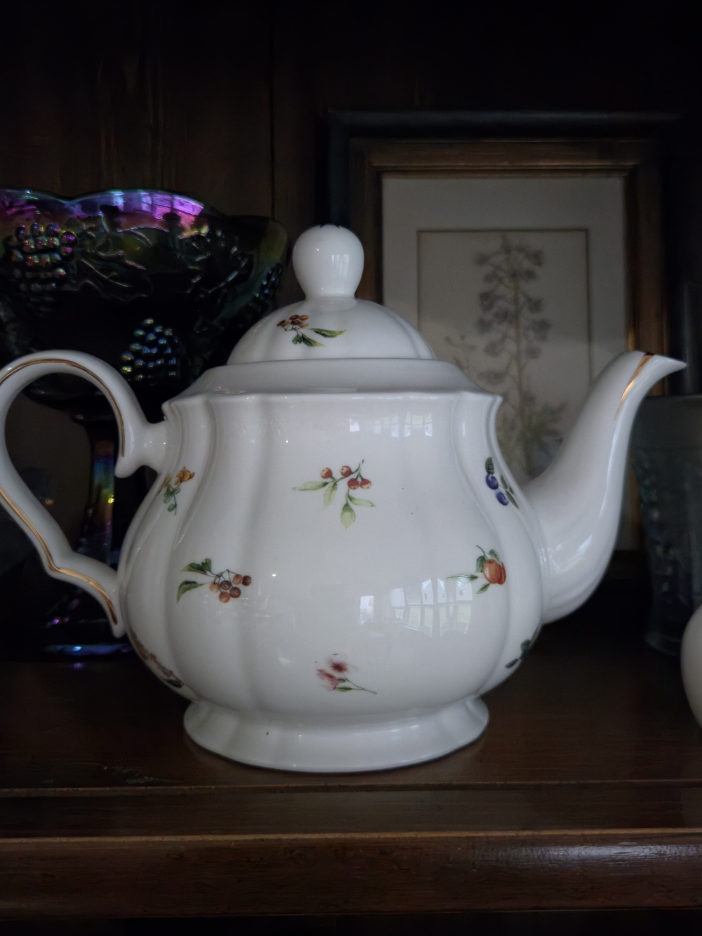 Grace Teaware White Fluted Fruit & Floral Fine Porcelain Teapot Gold Trim